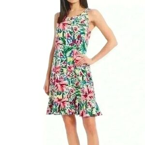Tommy Bahama Sunset Cove Short Dress Floral Ruffle Hem Sleeveless Knit Size L